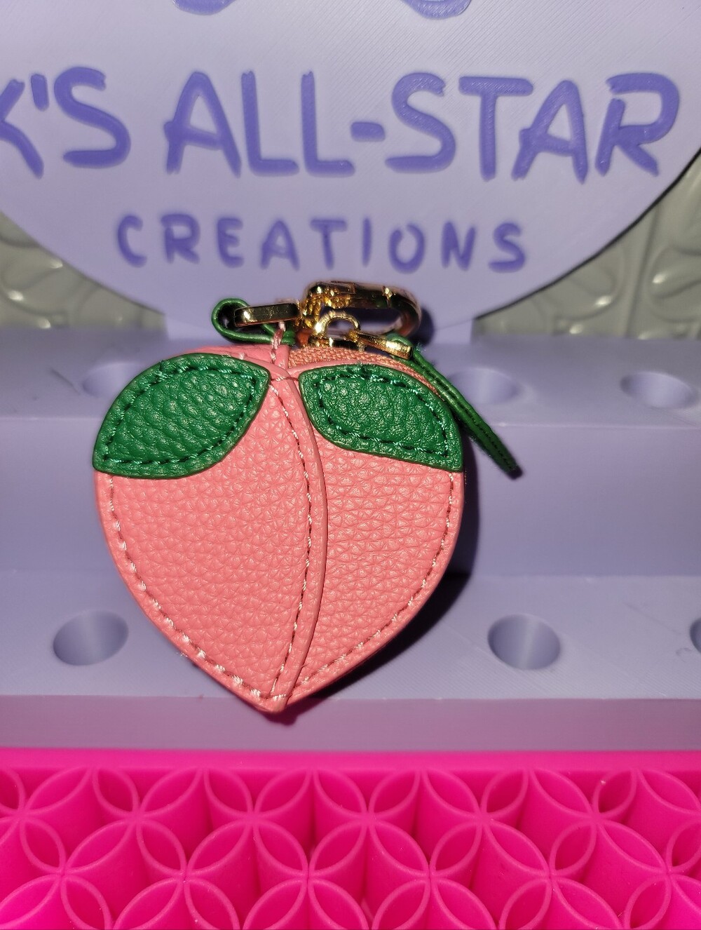 NWT- Peach-Shaped Pink Leather Coin Purse with Keychain with Green Leaves